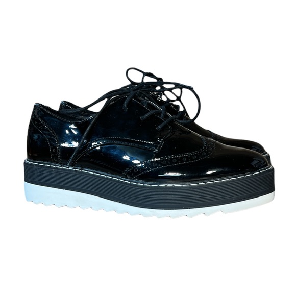 Zara Flat Black Patent Platform Derby Wingtip Oxford Creepers Shoes